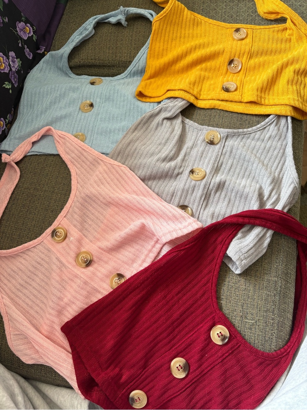 Ribbed Button-Front Crop Tank - Red, Pink, Yellow, Blue, Gray LOT Romwe/Shein